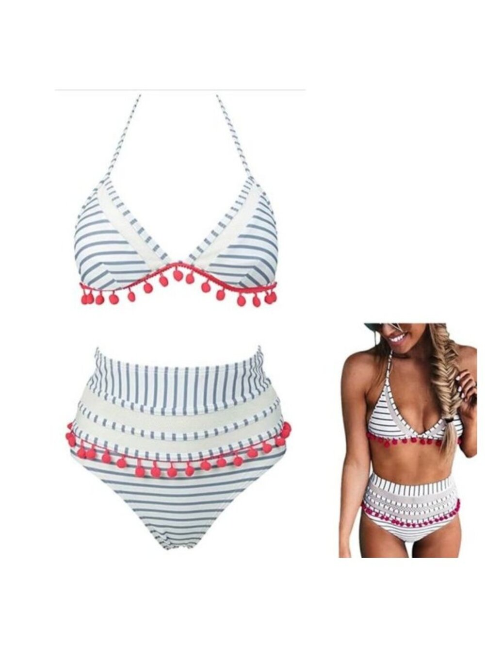 NWT COCOSHIP Mesh Striped High Waist Bikini Set Women's Size 8 Swimwear